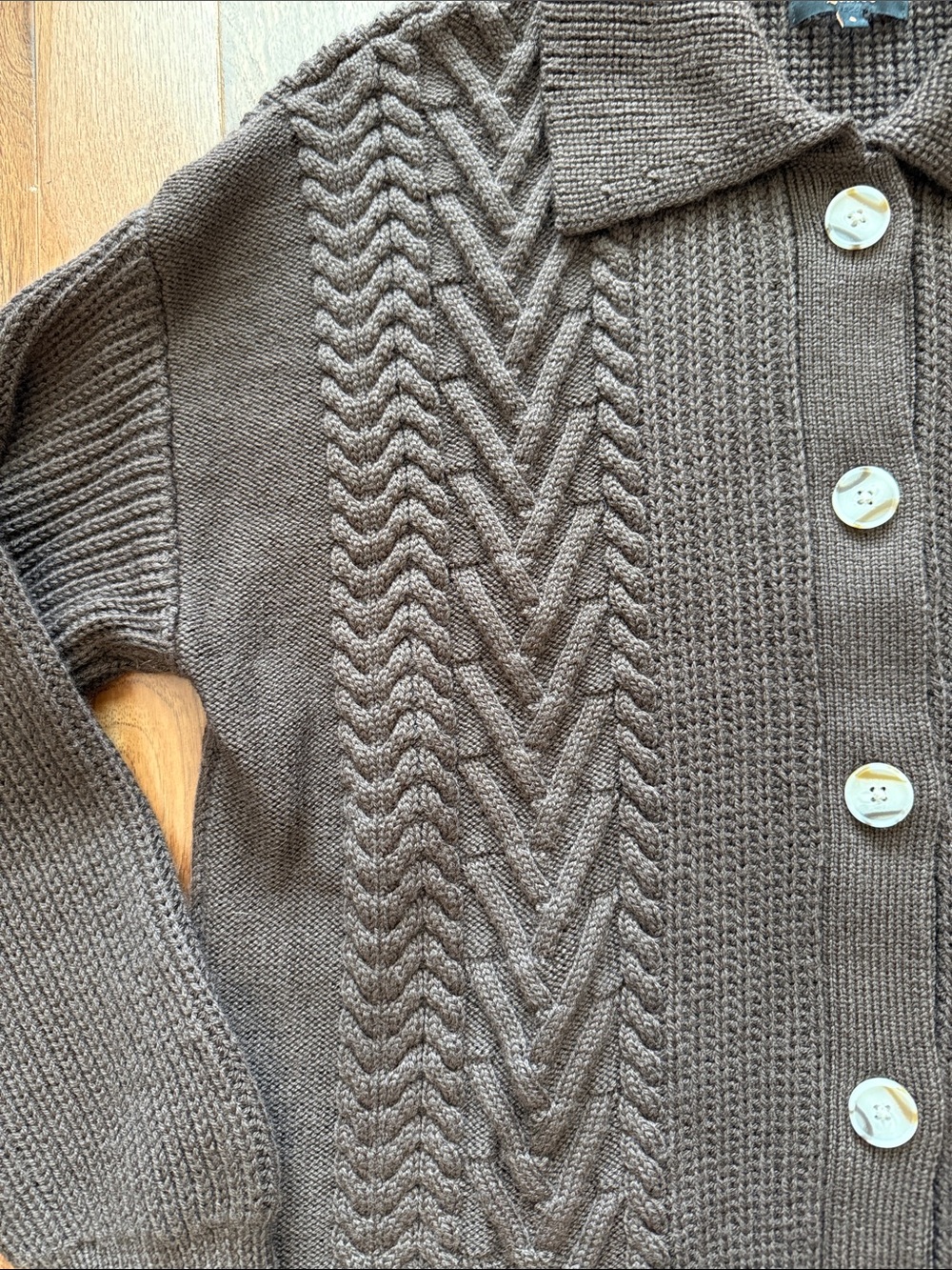 Quince Australian Merino Wool Collared Cable Cardigan chocolate brown S Small - Picture 4 of 12